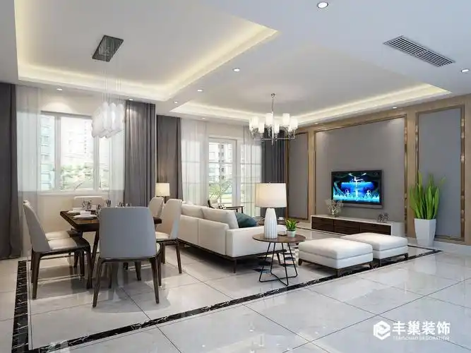 2018现代简约风格跃层客厅餐厅一体设计效果图_装修123效果图