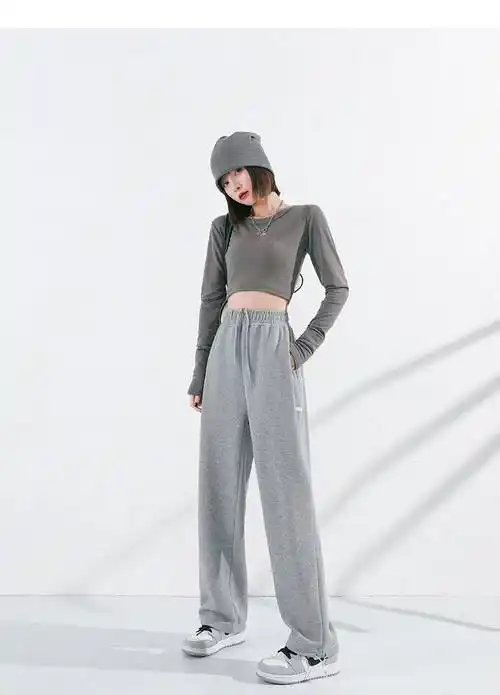 灰色运动裤女秋冬束脚阔腿裤裤抽绳美式加绒卫裤秋冬季女式显瘦宽松