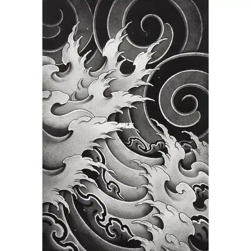 传统黑灰浪臂手稿分享_百世广场攻略_纹身_樱花_花臂_水浪花臂纹身_美