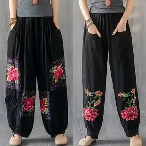 裤子女2020新款高腰休闲阔腿裤秋季民族风棉麻灯笼裤宽松绣花长裤