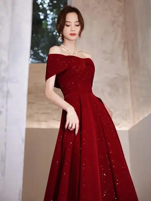 敬酒服新娘2022新款红色一字肩订婚礼服平时可穿回门连衣裙小个子