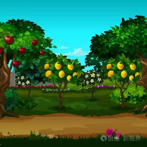 有成熟水果的花园矢量卡通特写插图