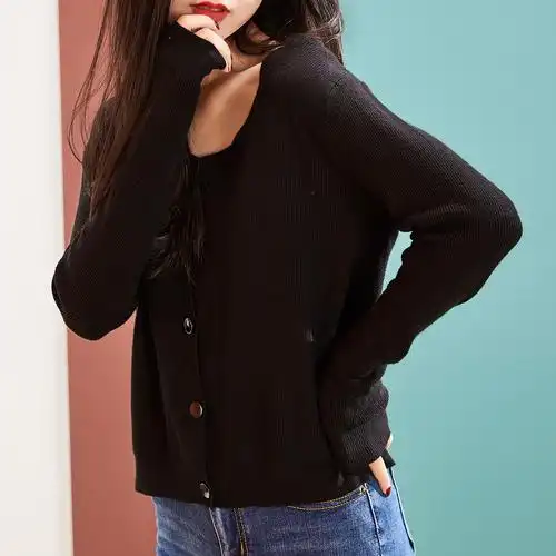 女装针织衫开衫黑色两粒扣v领毛衣外套长袖打底衫秋装女