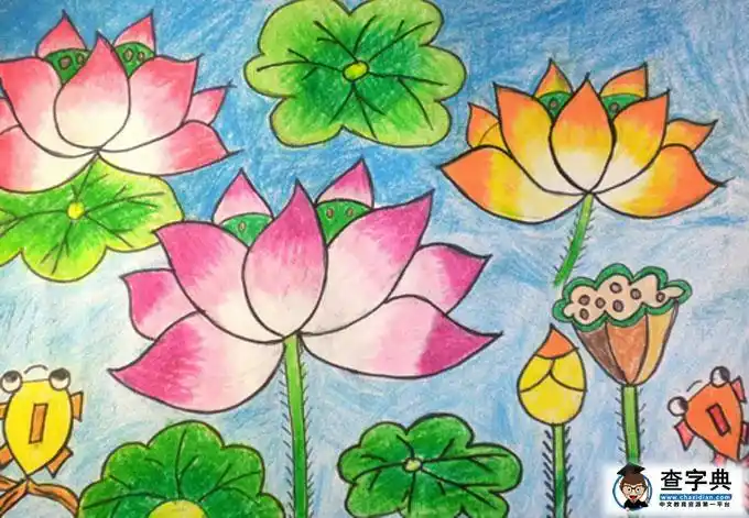 夏天题材的儿童画-亭亭玉立的荷花_水彩画-查字典幼儿网儿童画