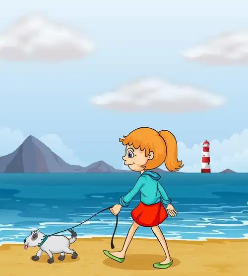 一只小狗一起在海滩漫步一个女孩