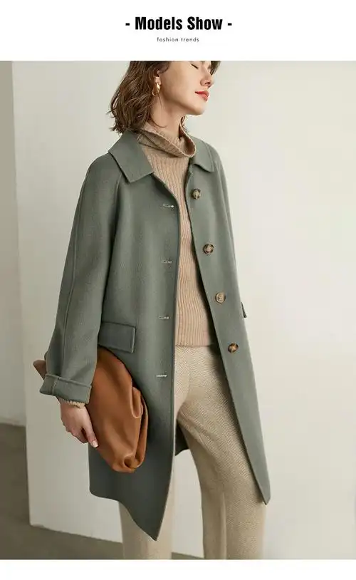 法曼萱灰绿色双面羊毛大衣女中长款2021年新款小个子兔绒毛呢外套灰绿