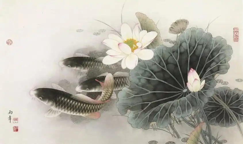 路雨年 工笔荷花鲤鱼图