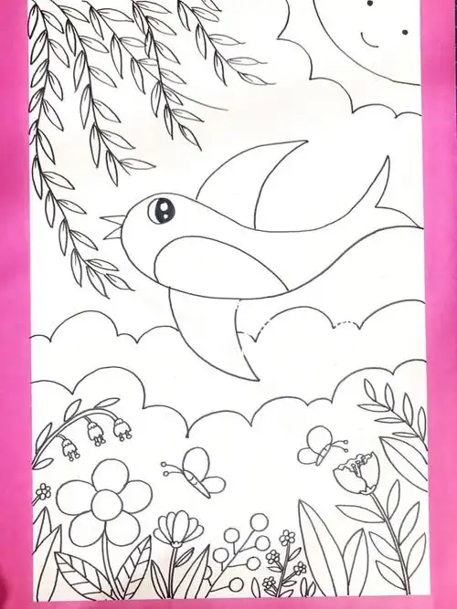 春天主题儿童画燕子来了柳树简笔画附线稿