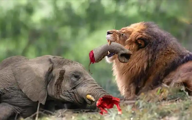 大象被狮子咬掉鼻子,并向狮子复仇踩死其幼崽,却惨遭狮群围攻.