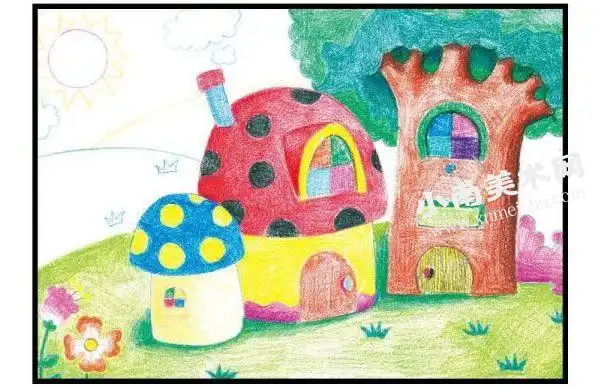童话里的房子彩色铅笔涂画步骤图示02