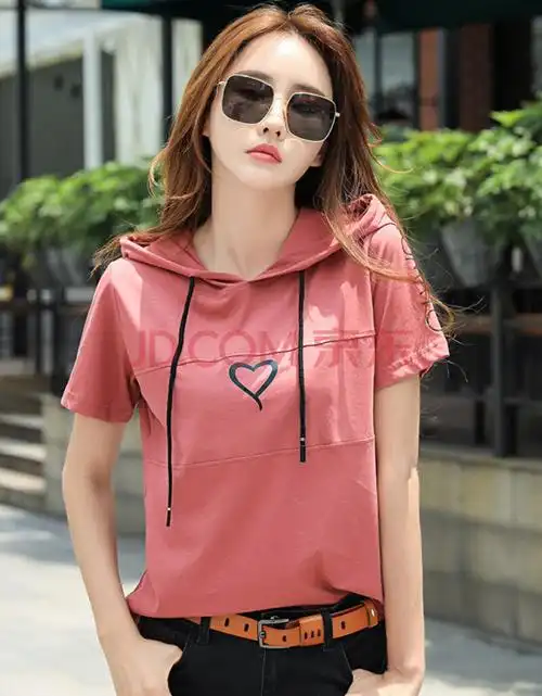 【好质量 好品质】连帽短袖女2021夏季新款女士t恤时尚休闲上衣宽松棉