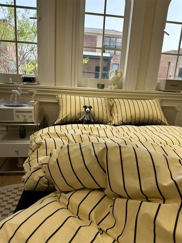 ins栗子棕色条纹床单被套床上全棉15m18公寓黑色被套床单三件套