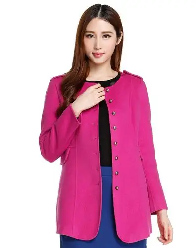 蕾朵liedow桃红色甜美修身长袖羊毛外套