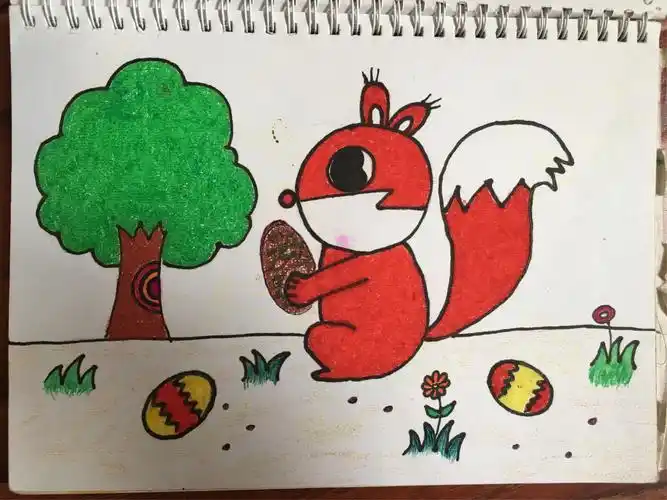 老师的范画可漂亮了!而我画的松鼠偏胖,尾巴瘦了.