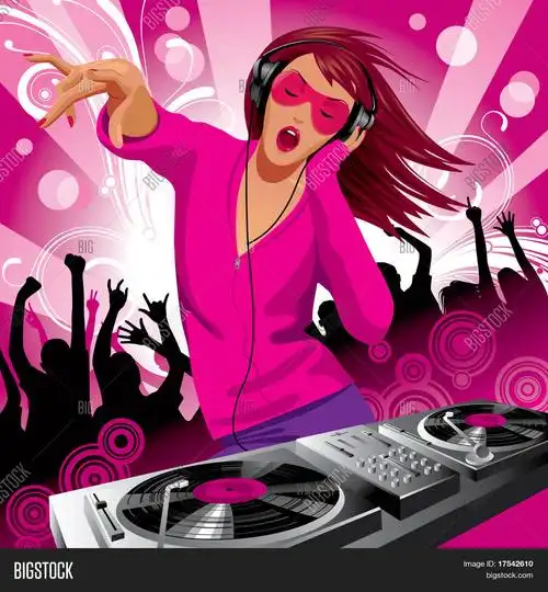 漂亮的 dj 女孩和人民在聚会上跳舞的矢量图像