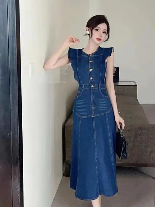 实拍实价 无袖圆领收腰显瘦牛仔长款连衣裙 - 17网