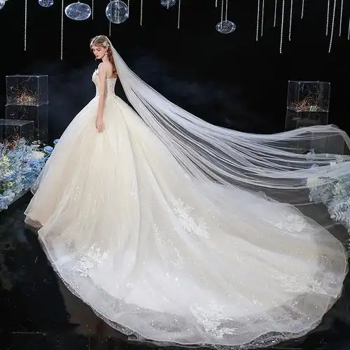 主婚纱2021新款新娘气质拖尾法式超仙抹胸赫本礼服简约大拖尾奢华