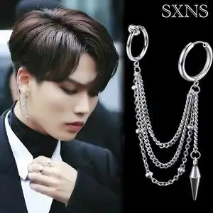 链条耳骨夹耳环一体式男士耳坠双耳洞耳钉无耳洞嘻哈韩国耳扣钛钢