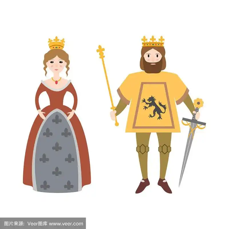 白色背景上的卡通国王和王后.