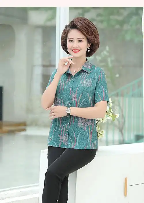 50岁中年女装妈妈夏装雪纺衬衫女五十岁中老年服装衬衣夏天短袖上衣薄