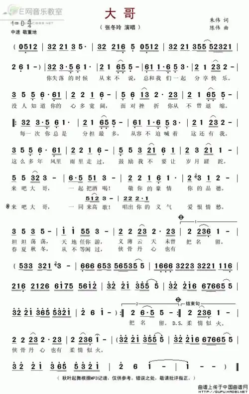 大哥张冬玲简谱吉他谱