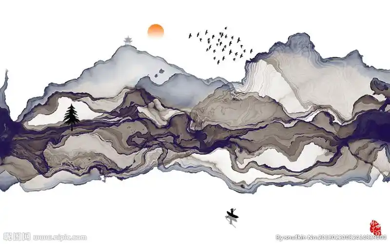 新中式抽象水墨山水大型壁画图片