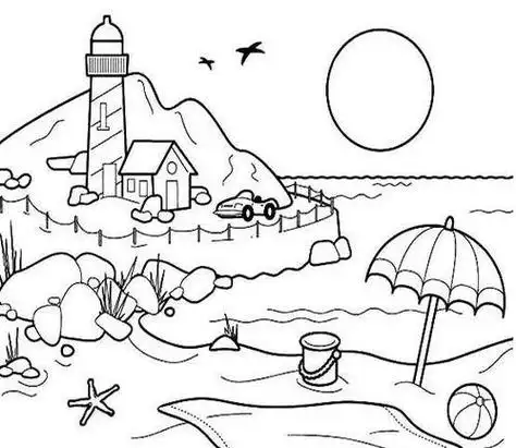 第2张海边沙滩日落简笔画海边风景简笔画彩色画法 椰子树 太阳 大海