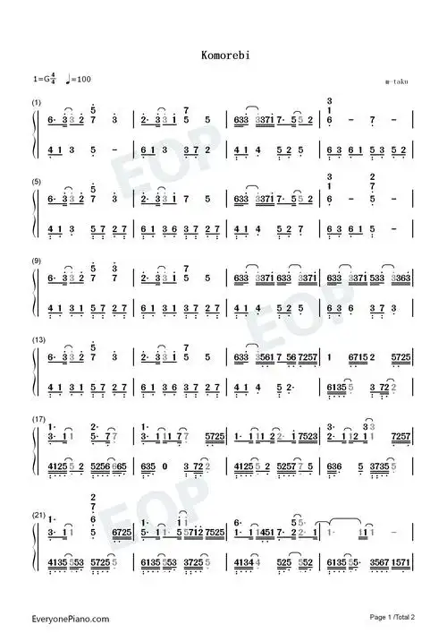 komorebi-叶隙间洒落的阳光-抖音神曲双手简谱预览1