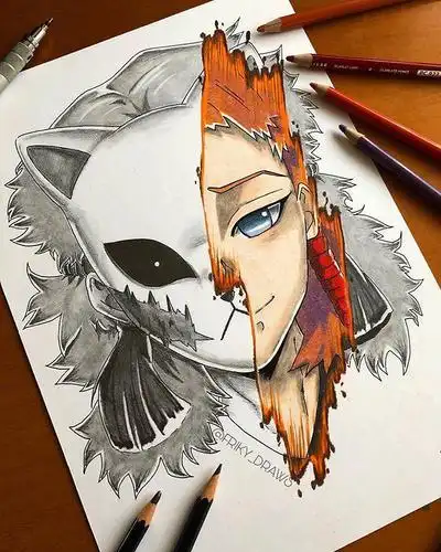 画师创作动漫人物分裂画风,素描加上彩稿呈现出精彩的对比效果