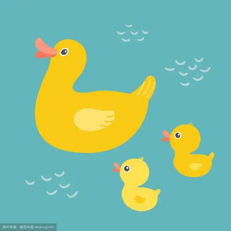 卡通鸭妈妈和鸭子一起在池塘里游泳