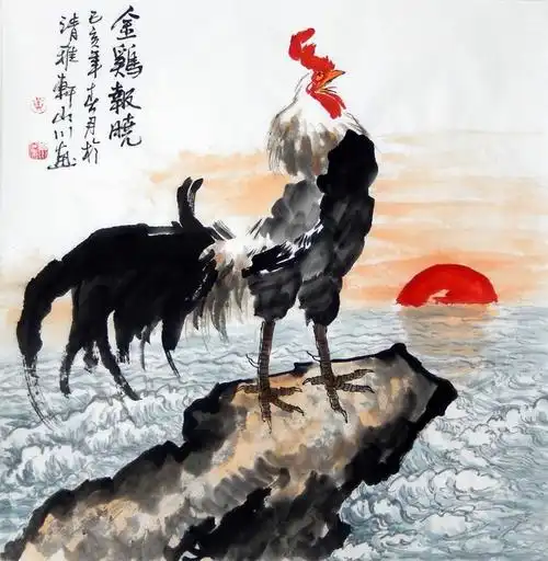 手绘大公鸡雄鸡金鸡报晓国画花鸟水墨画斗方玄关国画