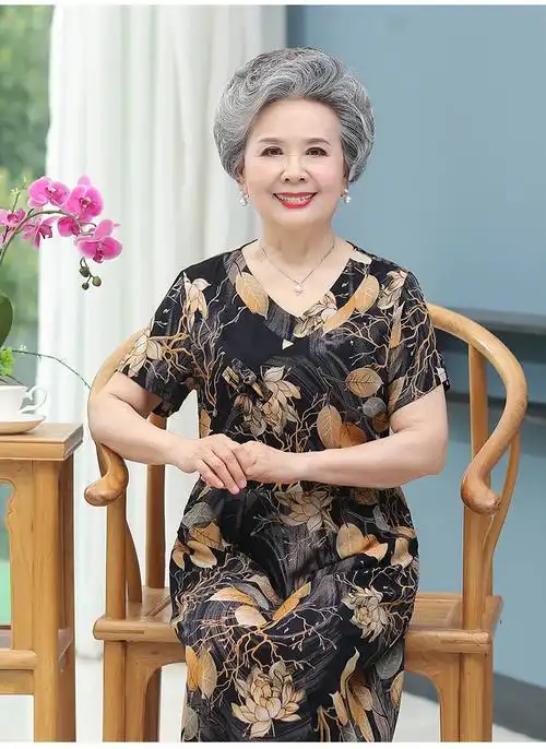 新款中老年人奶奶夏装纯绵绸连衣裙女裙子中长款妈妈短袖60岁长裙宽松