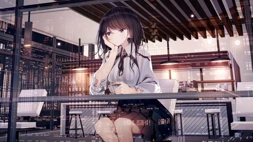 动漫蓝发白裙美女插画桌面壁纸