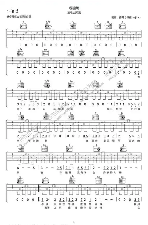 嘎嘣跳吉他谱 b调六线谱_吉他世界网编配_刘明汉