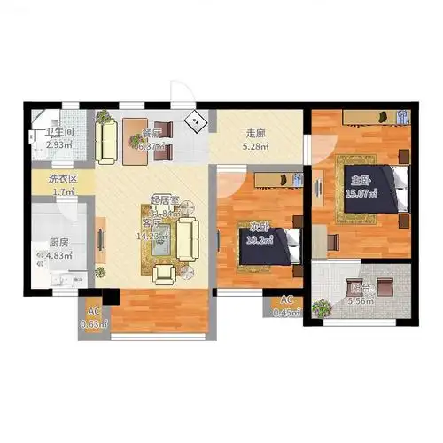 正北蔚蓝半岛101.00㎡d户型2室2厅1卫-副本