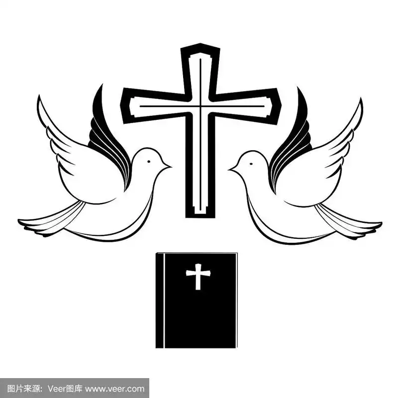 一对鸽子靠近十字架和《圣经》.圣经的象征.复活节贺卡.