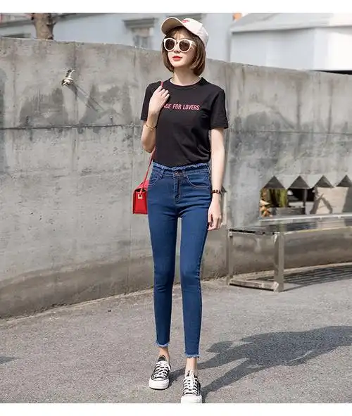2018春秋新款高腰牛仔裤女韩版学生大码显瘦毛边紧身九分小脚长裤