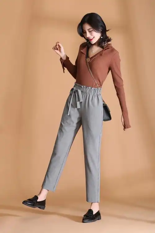 新款哈伦女裤2018春秋格子九分裤宽松显瘦休闲裤女一件代发