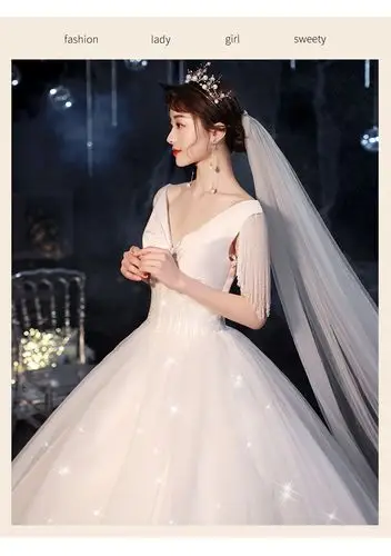 外贸婚纱2020新款仙气新娘礼服v领气质欧式拖尾梦幻森系 跨境货源