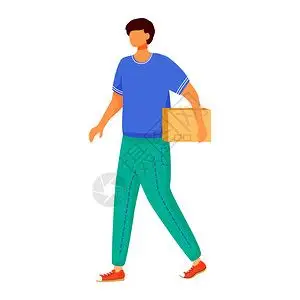 男孩在白色背景上步行和持有包裹孤立的卡通人物男在包裹平面彩插画