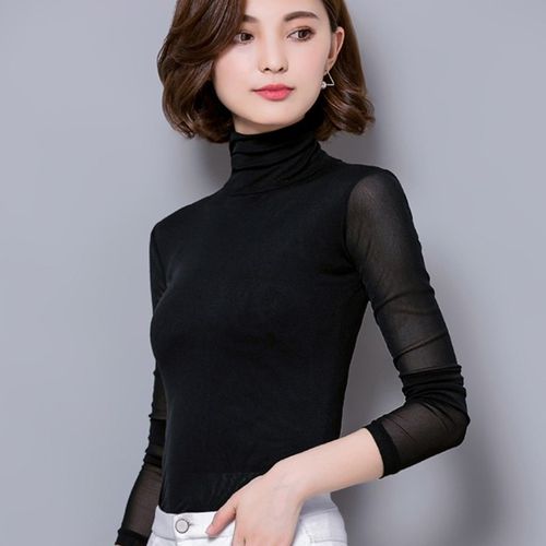 黑色加绒网纱打底衫女长袖t恤修身小衫2020秋季新款内搭低领上衣