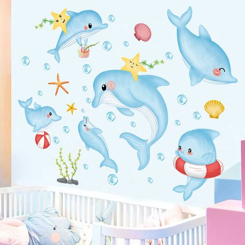 可爱海底海豚可移除墙贴儿童房过道玄关幼儿园防水贴画宝宝墙贴