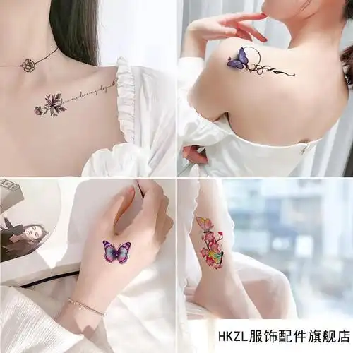 hkzl蝴蝶纹身贴d立体水汗女生女士仿小图案锁骨遮疤痕文身贴纸晒手套