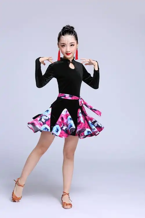 儿童拉丁舞裙夏季演出服装女童表演舞蹈服长袖女孩拉丁比赛练功服