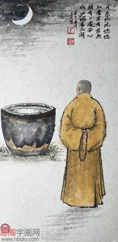 吴大恺禅意雪景人物画小尺寸《月下悟人生》