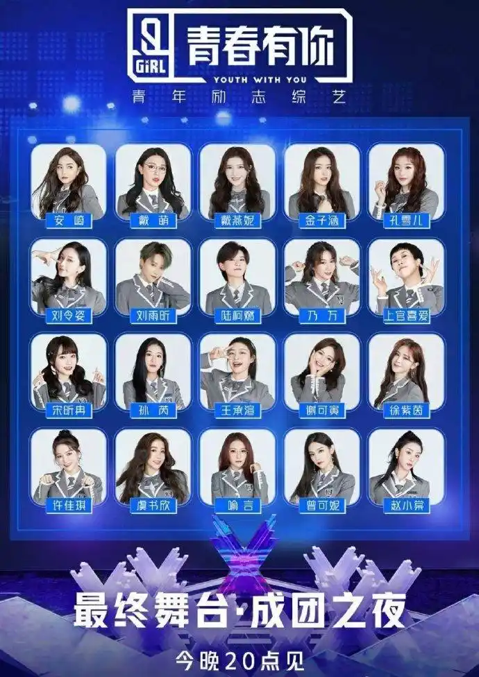 青春有你2成团之夜20强开屏:刘雨昕,虞书欣,喻言,许佳琪,孔雪儿