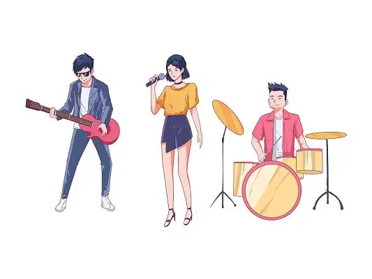 彩色卡通手绘五四青年节人物乐队开演唱会表演元素png素材