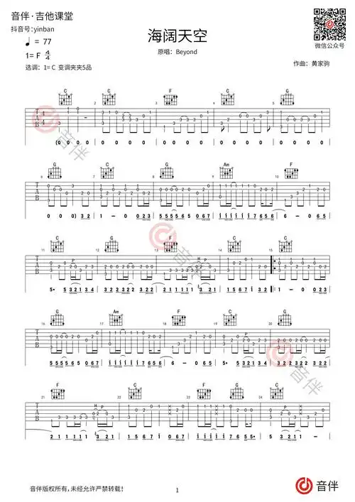 海阔天空指弹吉他谱beyondc调高清指弹谱