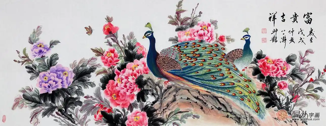 邱艳写意牡丹孔雀图《富贵吉祥》