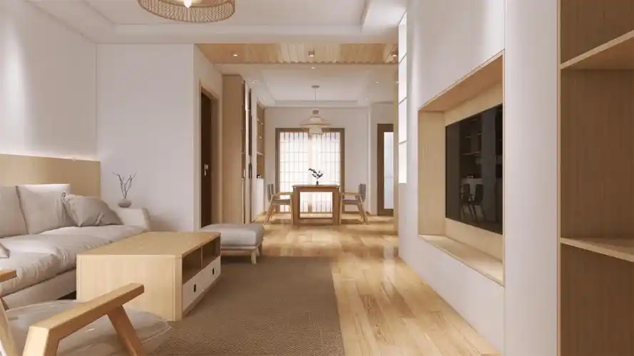 日式风格装修以简约为主,客厅家具中多采用沉静温和的自然色彩,家具的